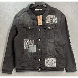 Reelistik Men’s Denim Jean Jacket Patchwork Long Sleeve Black Size XXXL